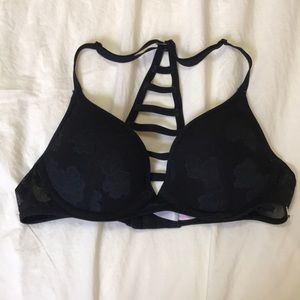 PINK Black floral lace lace-up back bra